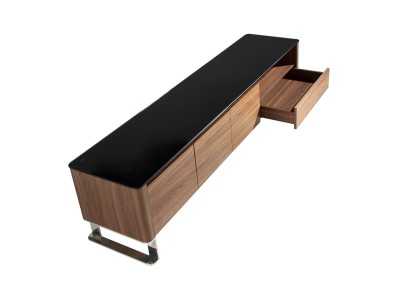 Meuble TV design en noyer, plateau en verre et pieds en acier inoxydable - SEVILLA