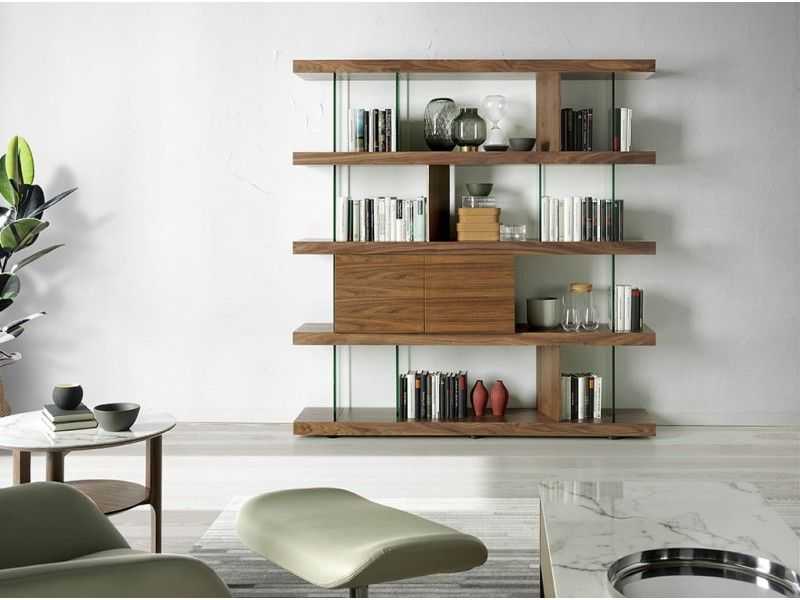 Walnut and tempered glass bookcase - CHANTAL
