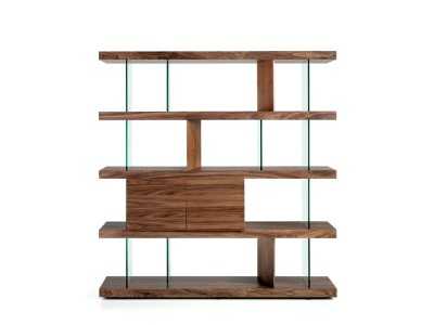 Walnut and tempered glass bookcase - CHANTAL Walnut and tempered glass bookcase - CHANTAL