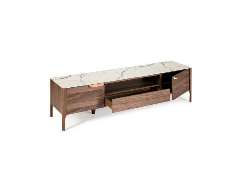 TV cabinet in walnut with glass top imitating porcelain marble - DINA