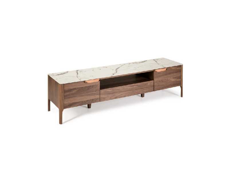 TV cabinet in walnut with glass top imitating porcelain marble - DINA