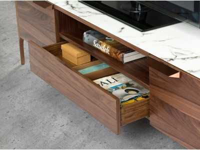 Meuble TV en noyer avec plateau en verre imitation marbre porcelaine - DINA