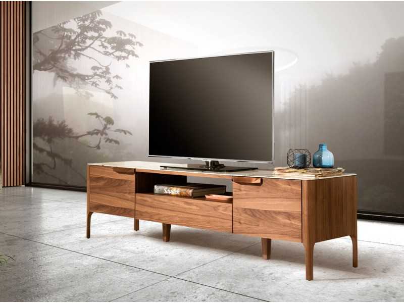 TV cabinet in walnut with glass top imitating porcelain marble - DINA