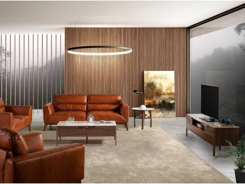 Meuble TV en noyer avec plateau en verre imitation marbre porcelaine - DINA