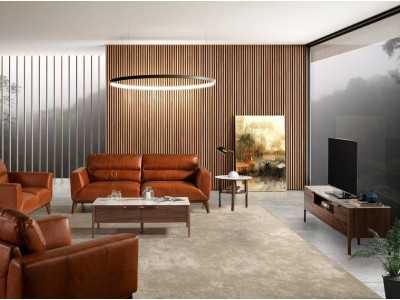 Meuble TV en noyer avec plateau en verre imitation marbre porcelaine - DINA