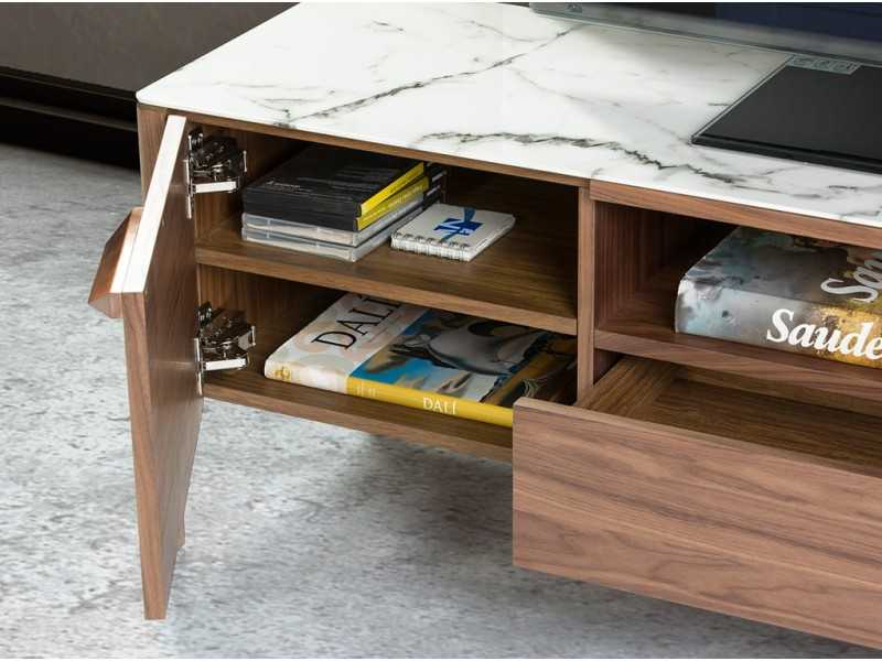TV cabinet in walnut with glass top imitating porcelain marble - DINA