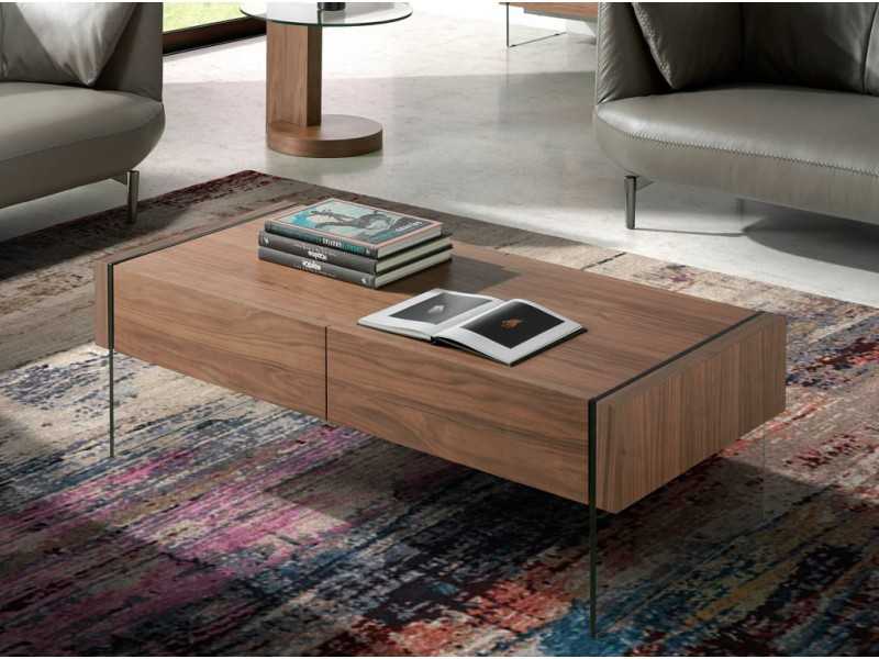 Coffee table in walnut wood and tempered glass - CORINTO