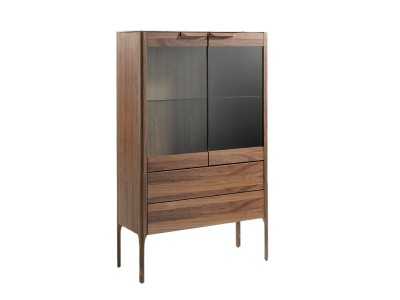 Walnut display case with porcelain marble-effect glass top - DINA