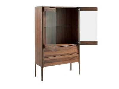 Walnut display case with porcelain marble-effect glass top - DINA