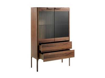 Walnut display case with porcelain marble-effect glass top - DINA