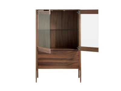 Walnut display case with porcelain marble-effect glass top - DINA