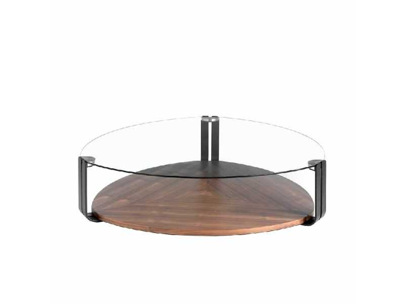 Triangular coffee table with tempered glass, walnut, and stainless steel - SIRMIONE