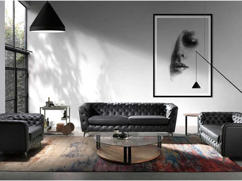 Triangular coffee table with tempered glass, walnut, and stainless steel - SIRMIONE