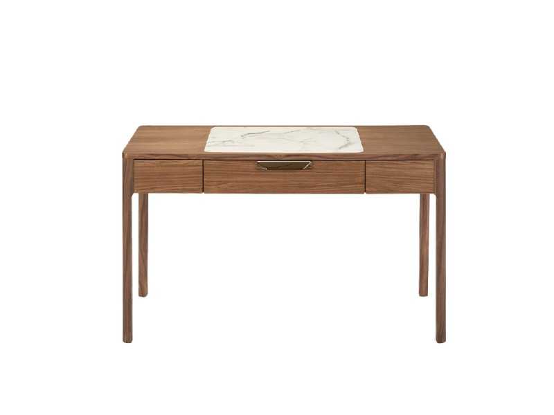 Walnut vanity/desk with porcelain marble-effect glass detail - DINA