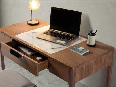 Walnut vanity/desk with porcelain marble-effect glass detail - DINA