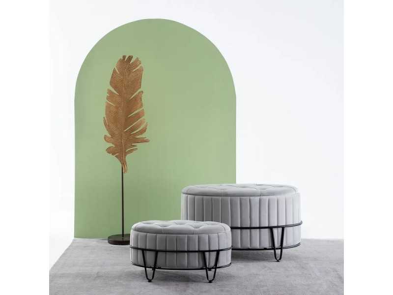 Set of two upholstered pouff with lacquered iron base - ESTHER GRIS