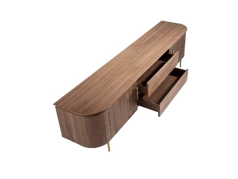Designer TV cabinet in walnut with gold stainless steel base - MANDRA