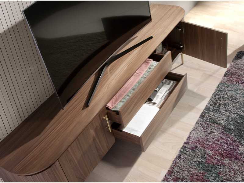 Designer TV cabinet in walnut with gold stainless steel base - MANDRA