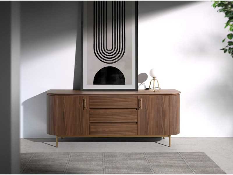 Designer walnut sideboard with gold stainless steel base - MANDRA