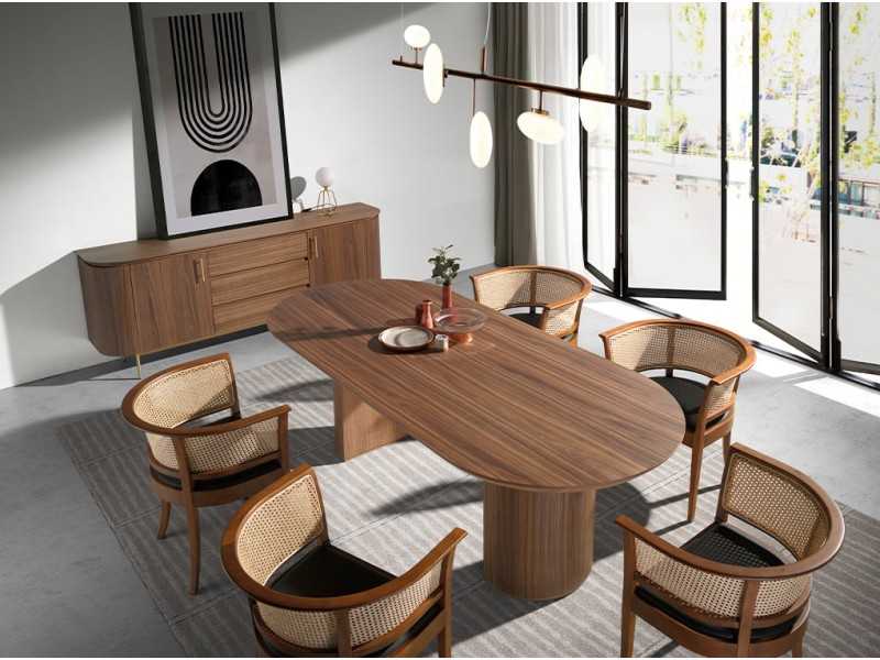 Buffet design en noyer avec piètement en acier inoxydable doré - MANDRA