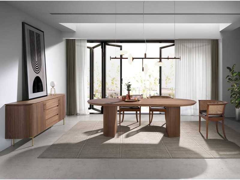 Buffet design en noyer avec piètement en acier inoxydable doré - MANDRA