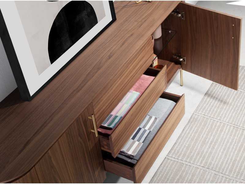 Buffet design en noyer avec piètement en acier inoxydable doré - MANDRA