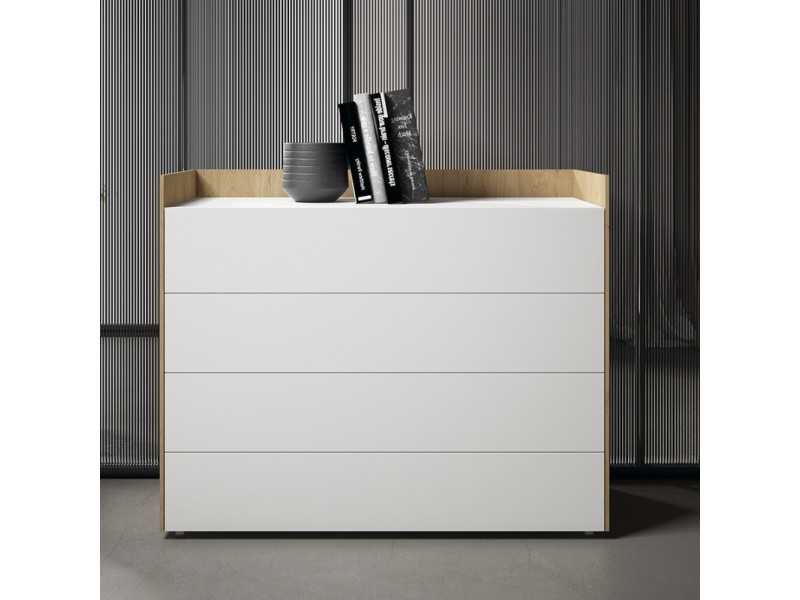 Chest of drawers with 4 lacquered drawers with oak structure - REINE