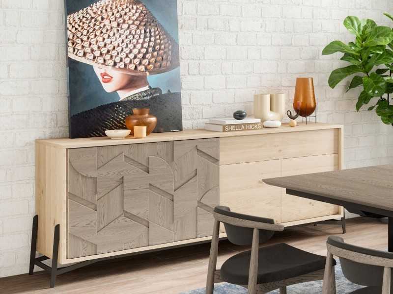 Buffet en chêne avec porte coulissante et piètement en acier - DINAN