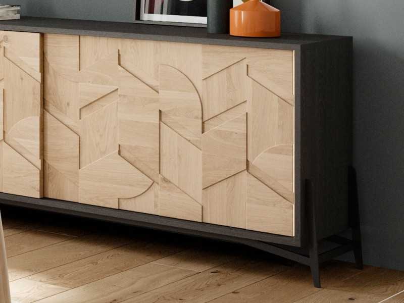 Oak sideboard with 2 sliding doors and steel base - DINAN