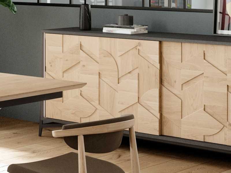 Buffet en chêne avec 2 portes coulissantes et piètement en acier - DINAN