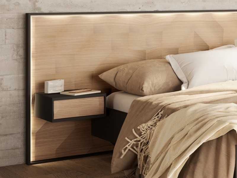 Lit complet XL en chêne avec sommier, tables d'appoint et éclairage LED - GRASSE XL