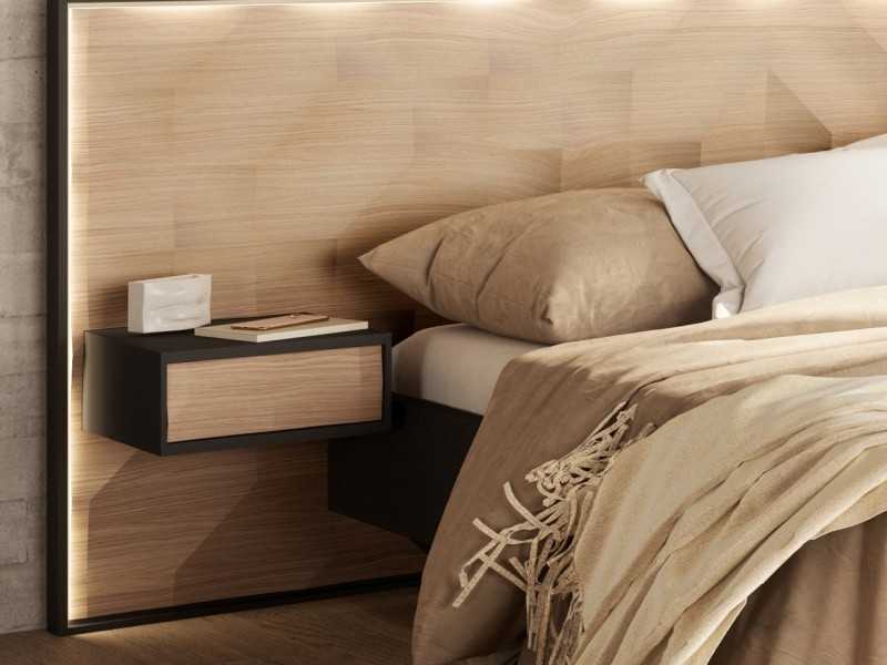 Lit complet XL en chêne avec sommier, tables d'appoint et éclairage LED - GRASSE XL