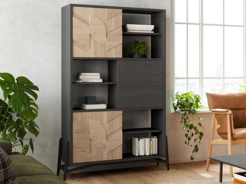 Showcase and bookcase in oak and steel base - DINAN