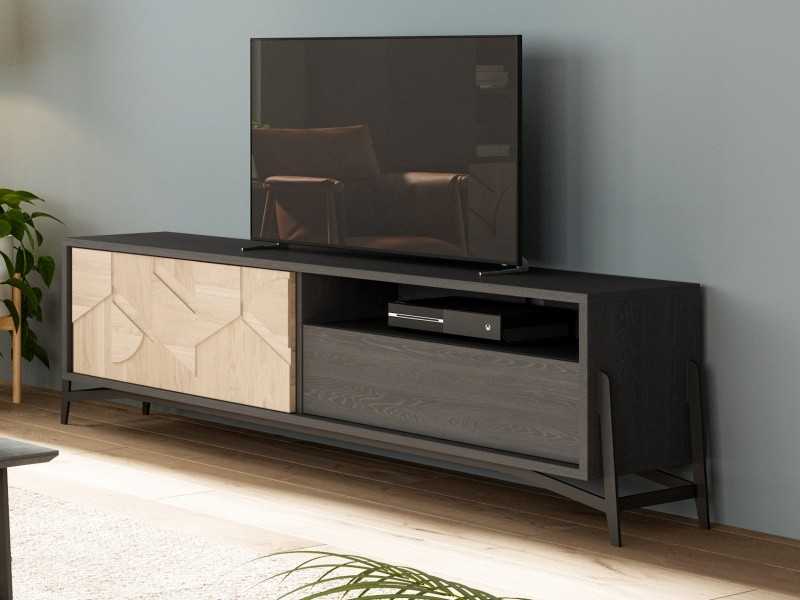 Table TV en chêne avec porte, tiroir et trou - DINAN