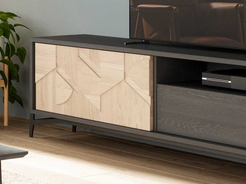 Table TV en chêne avec porte, tiroir et trou - DINAN