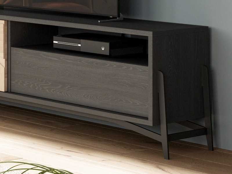 Table TV en chêne avec porte, tiroir et trou - DINAN