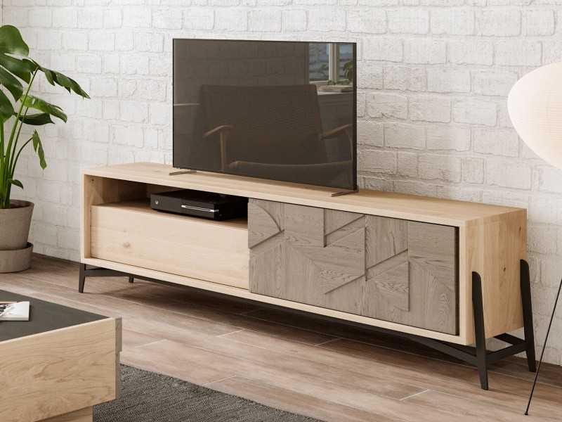 Table TV en chêne avec porte, tiroir et trou - DINAN