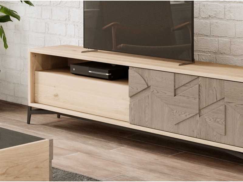 Table TV en chêne avec porte, tiroir et trou - DINAN
