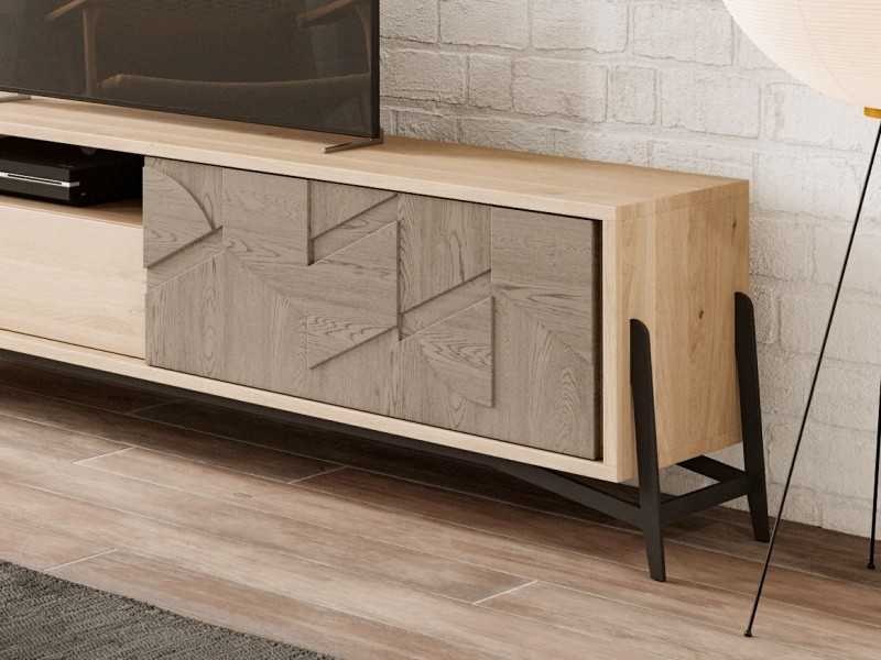 Table TV en chêne avec porte, tiroir et trou - DINAN