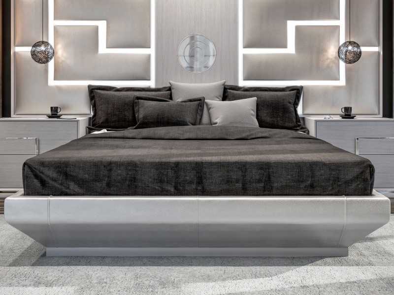 Lit XL rembourré avec éclairage LED et sommier - PUZZLE