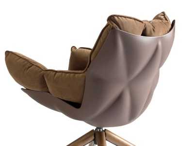 Upholstered swivel design armchair with walnut base - PATMOS
