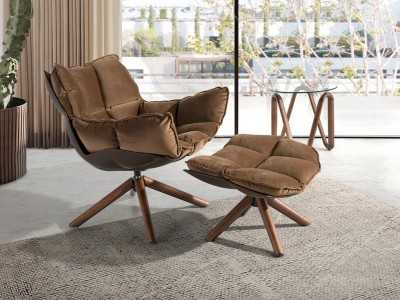 Fauteuil design tapissé et pivotant avec piètement en noyer - PATMOS