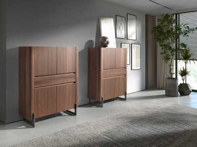 High sideboard / blind walnut display case with stainless steel legs - SYMI