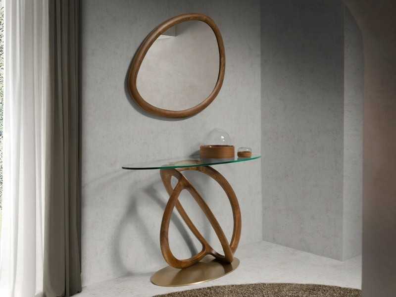 Oval console table made of solid wood and tempered glass top - PATMOS