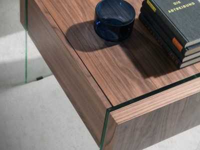 Walnut bedside table with tempered glass legs - GEMMA Walnut bedside table with tempered glass legs - GEMMA