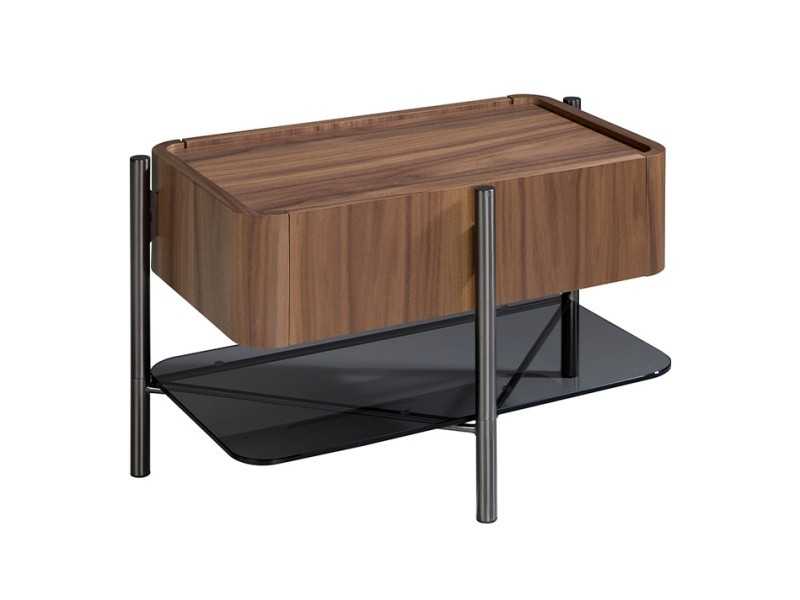 Table de chevet en noyer, acier inoxydable et verre trempé - WENDY