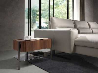 Mesita de noche en nogal, acero inoxidable y cristal templado - WENDY