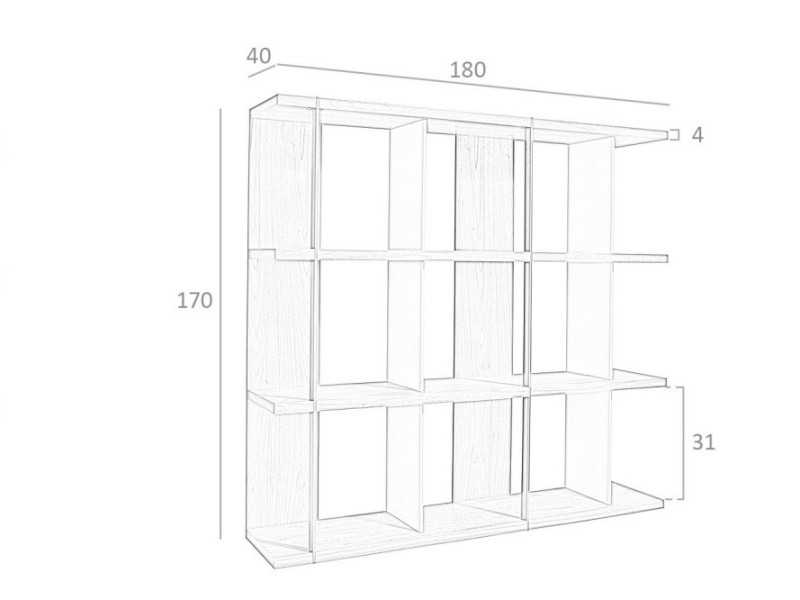 Estantería en nogal con separadores lacados y detalles en acero - CLAUS