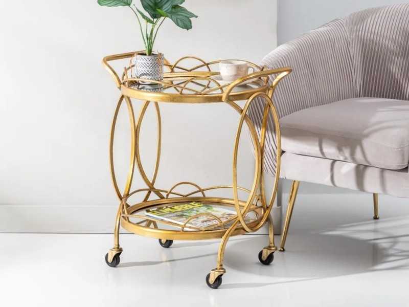 Round bar cart in old gold steel and mirror glass - FLEUR