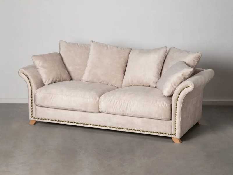 Velvet upholstered sofa with cushions - BLACKPOOL BEIGE